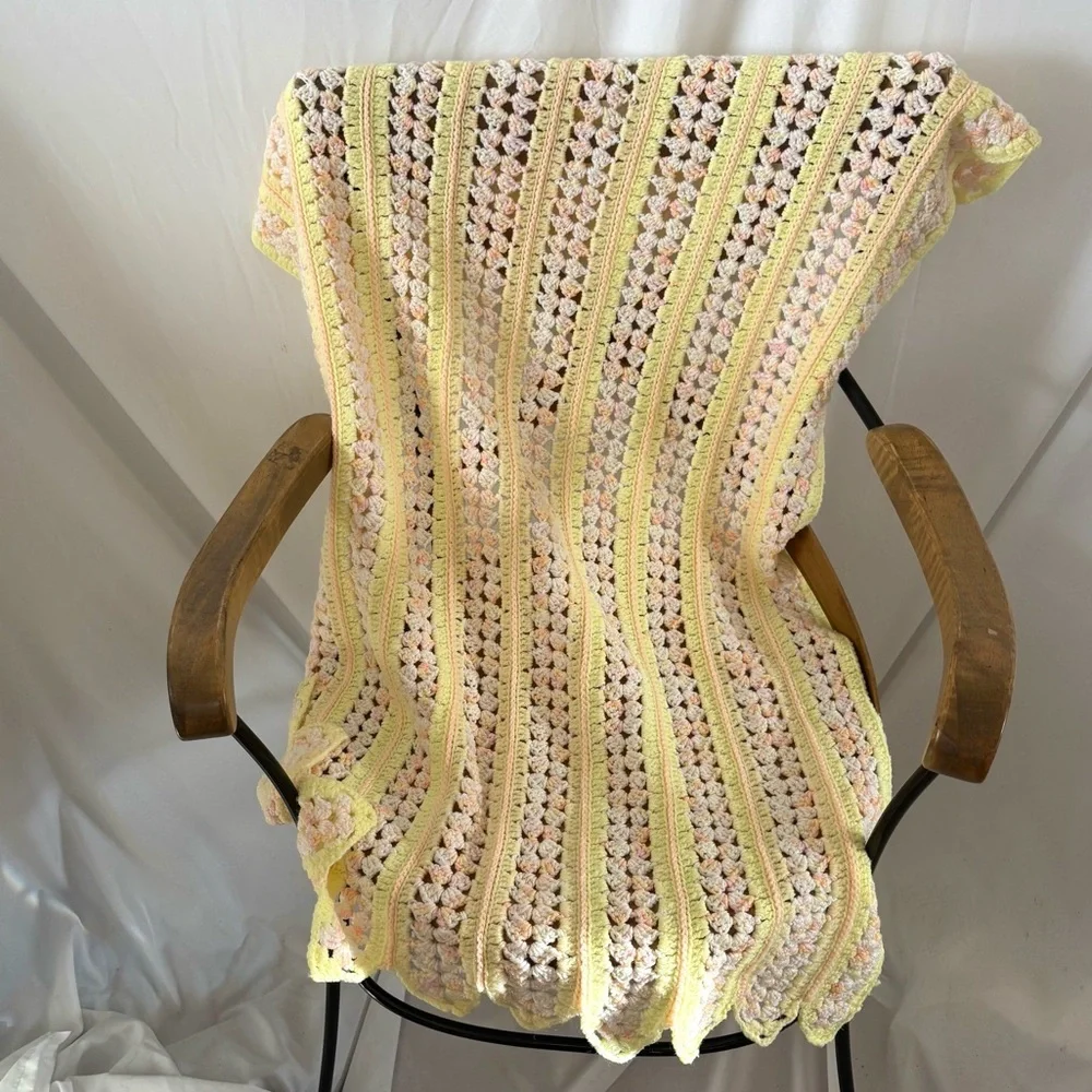 Vintage crochet baby blanket yellow small pet throw